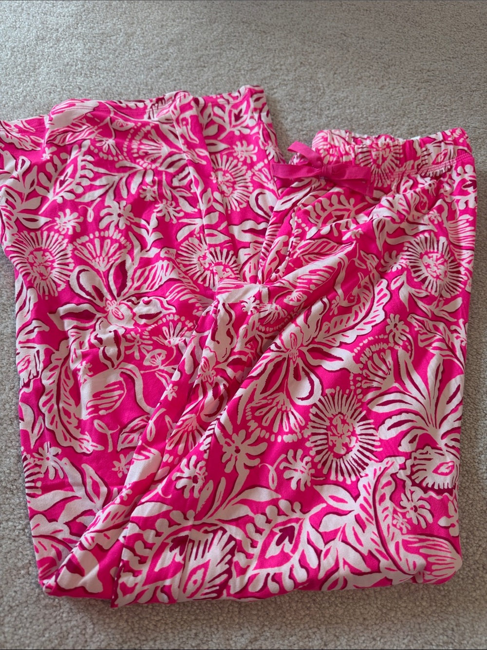Lilly Pulitzer Hot Pink and White Floral Wide Leg Pajama Pants.